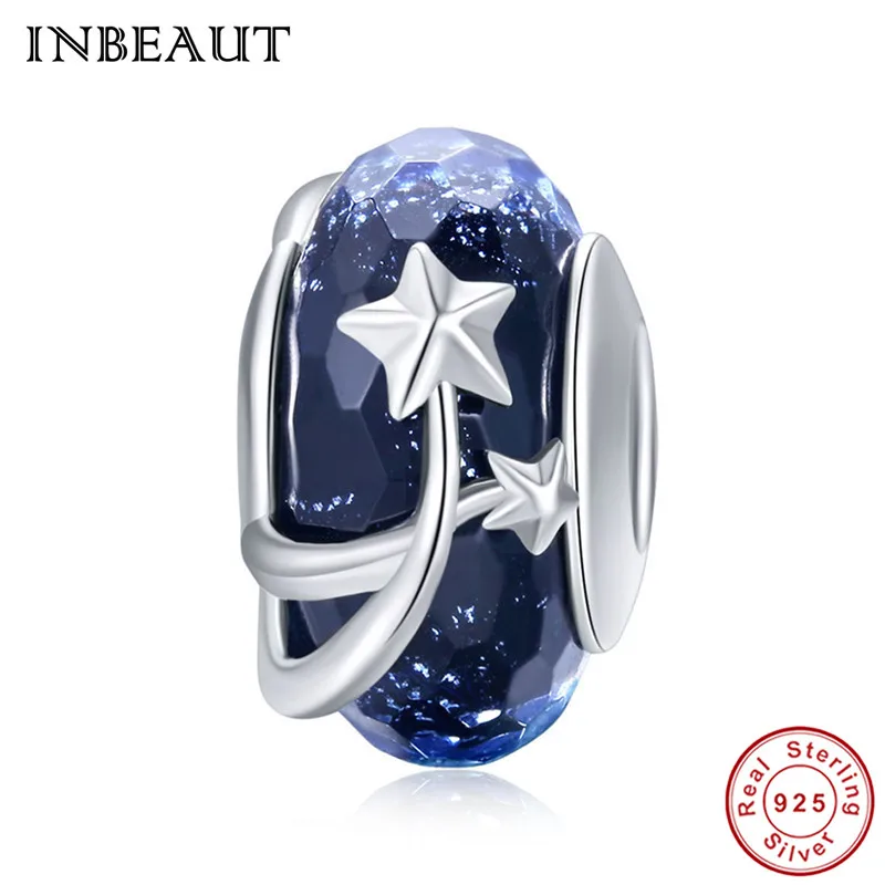 INBEAUT 100% 925 пробы серебряный темно-синий ночное небо звезда стеклянный Шарм бусины