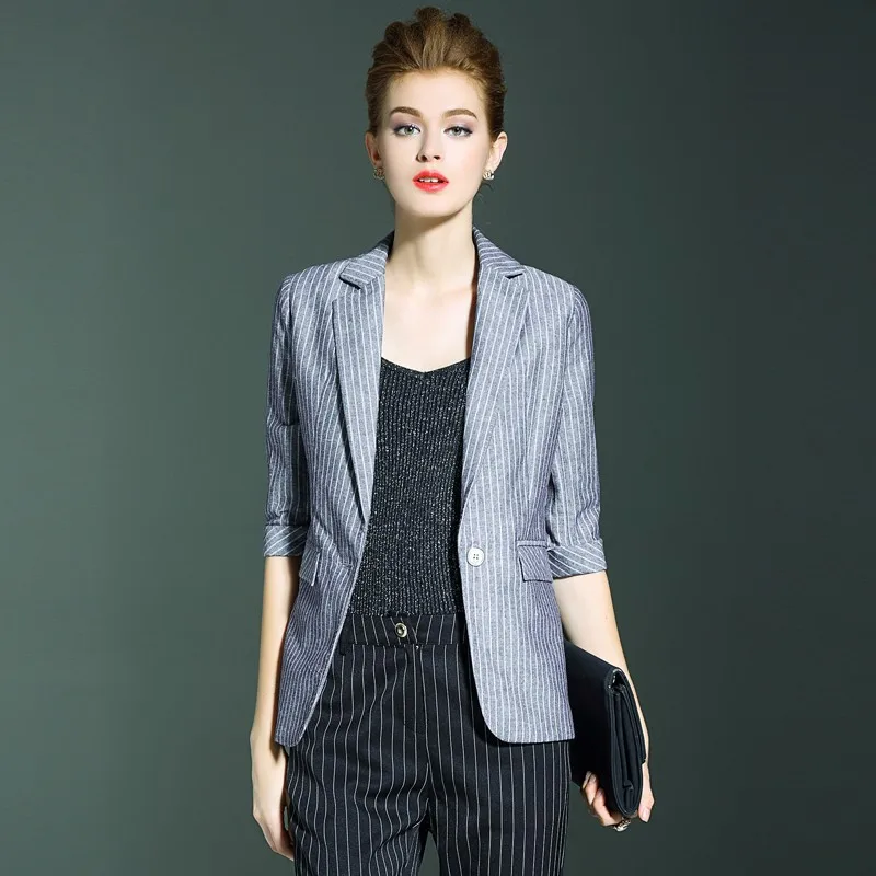 

Blazers Women Suit 80% Linen 20% Silk Striped Three-quarter Sleeves Single Button High Quality Work Clothing 2018 New Fashion