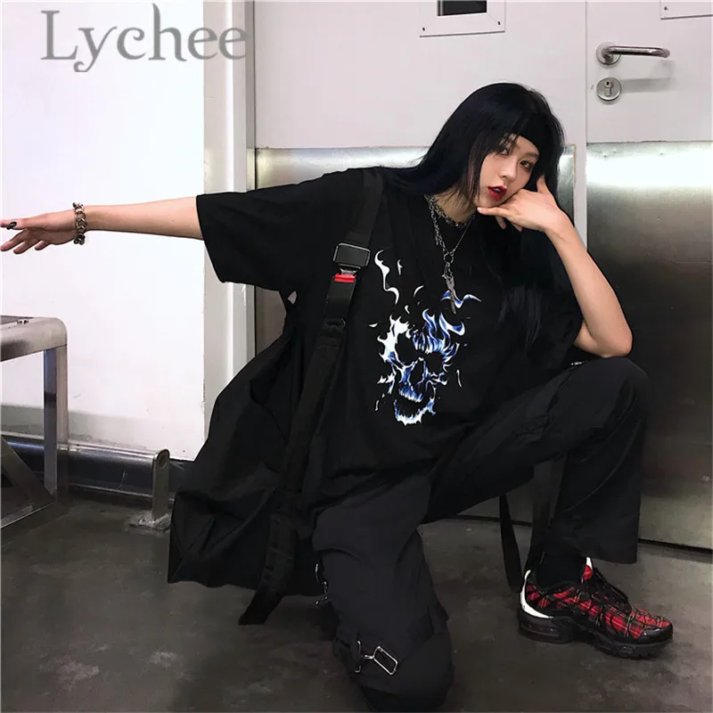 Lychee Harajuku Ghost Flame Print Lady Футболка Топ тройники круглый вырез свободный короткий рукав весна лето женские футболки Топ тройники