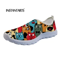 instantarts women summer slip on flats shoes cartoon sneakers cute cats puzzle printed casual comfort breathable shoes for girls