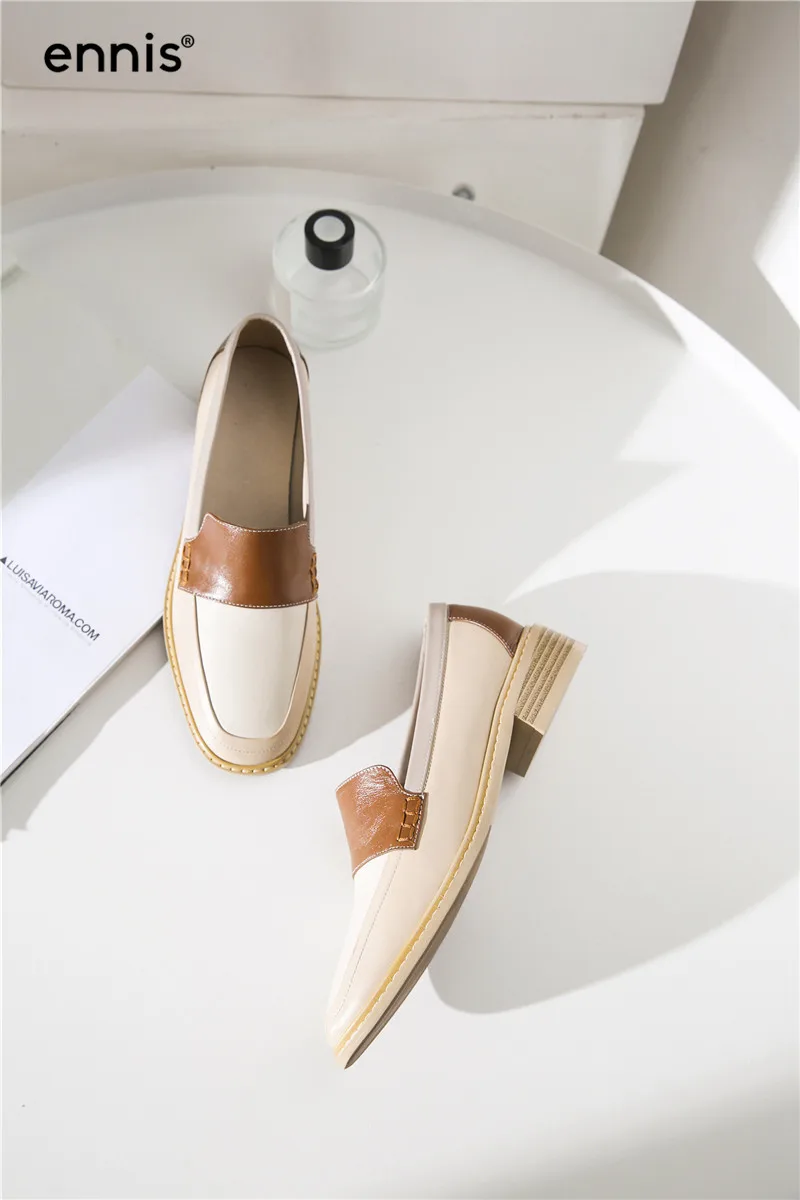 ENNIS Genuine Leather Boat Shoes Women Outdoor Casual Shoes Mixed Color Shoes Black Brown Flat Loafers Autumn Spring C9108
