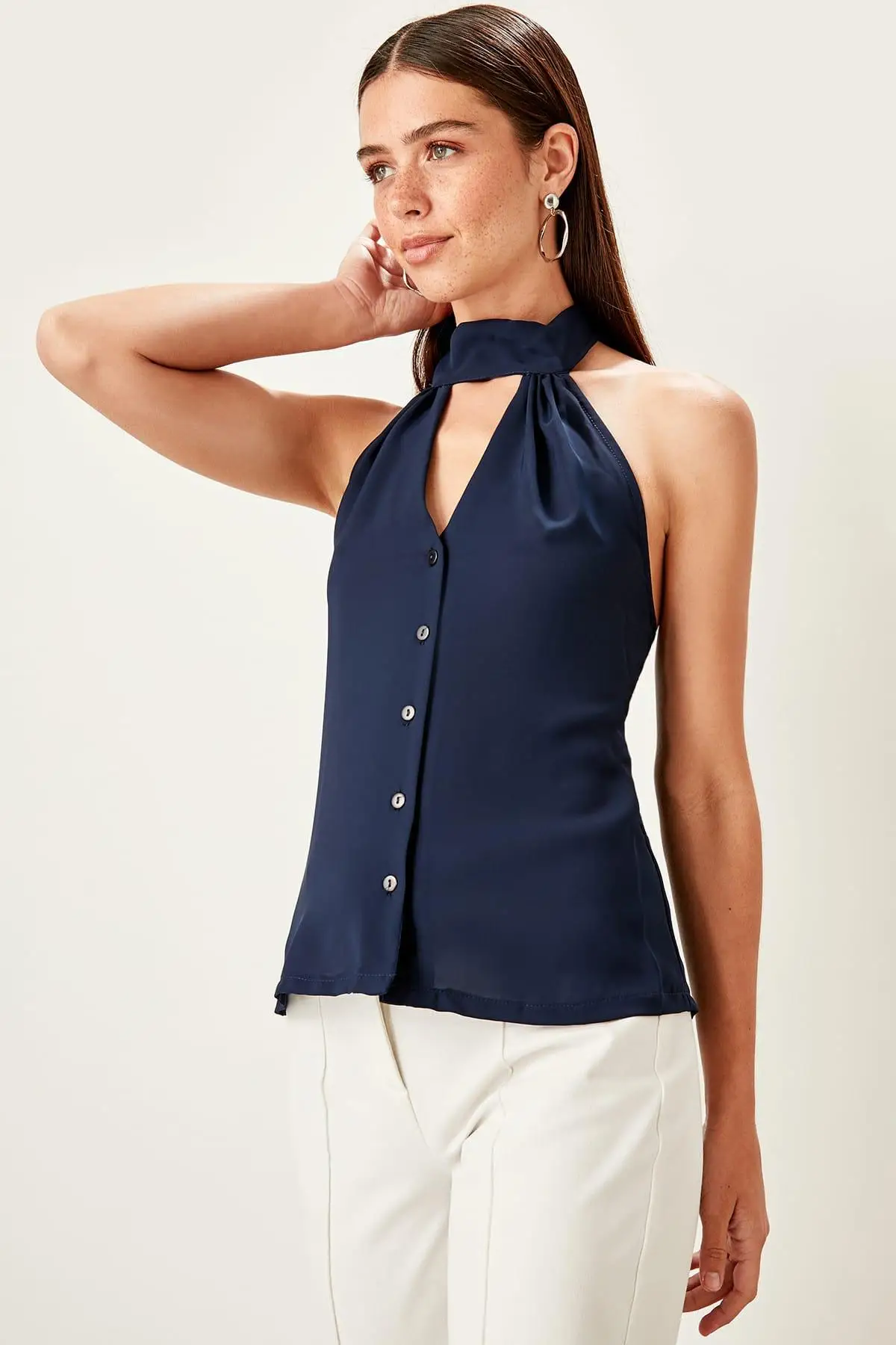 Trendyol темно-синий Bone Button Detail Bluz TWOSS19AP0269 |