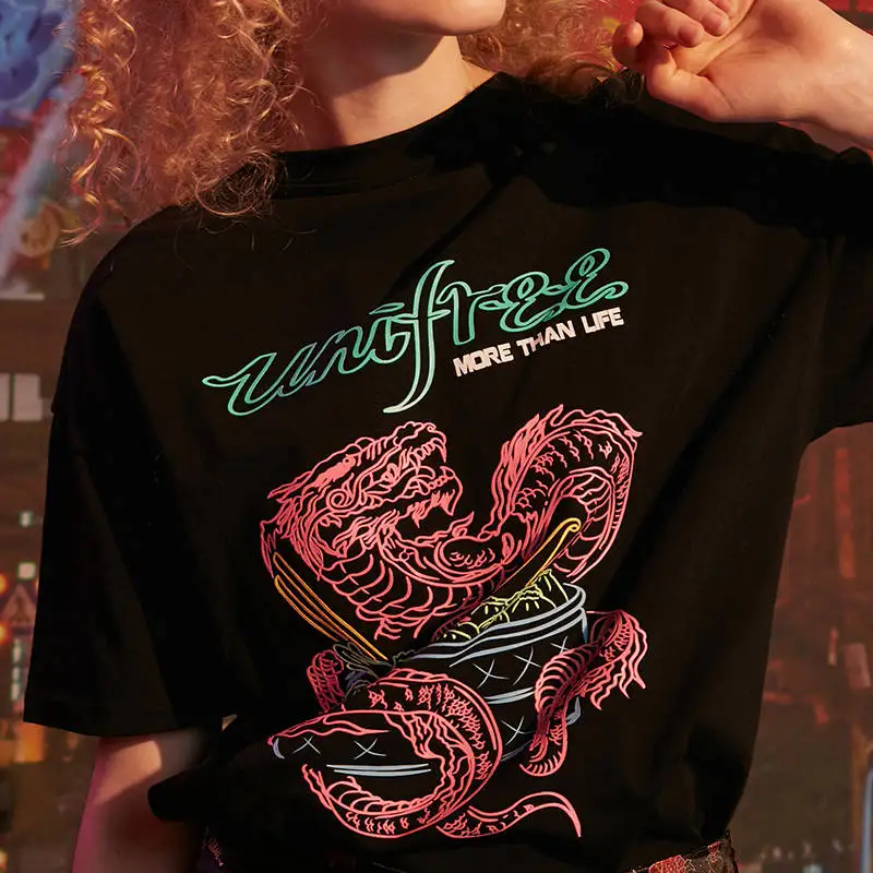 UNIFREE 2019 summer new long sleeve black top shirt women round neck short-sleeved loose printed tshirt UDT192G019 | Женская одежда