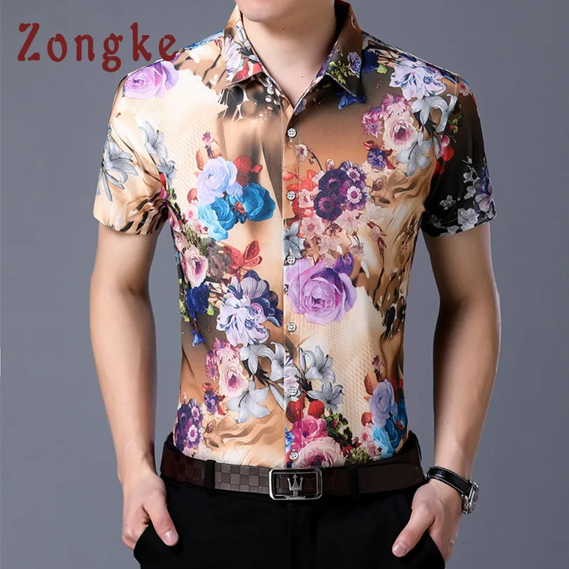 White Zongke Цветочная гавайская рубашка Для мужчин Изделие из хлопка с короткими рукавами Повседневное Мужская гавайская рубашка Красный цветок социальных гавайская рубашка для Для мужчин - Цвет: White