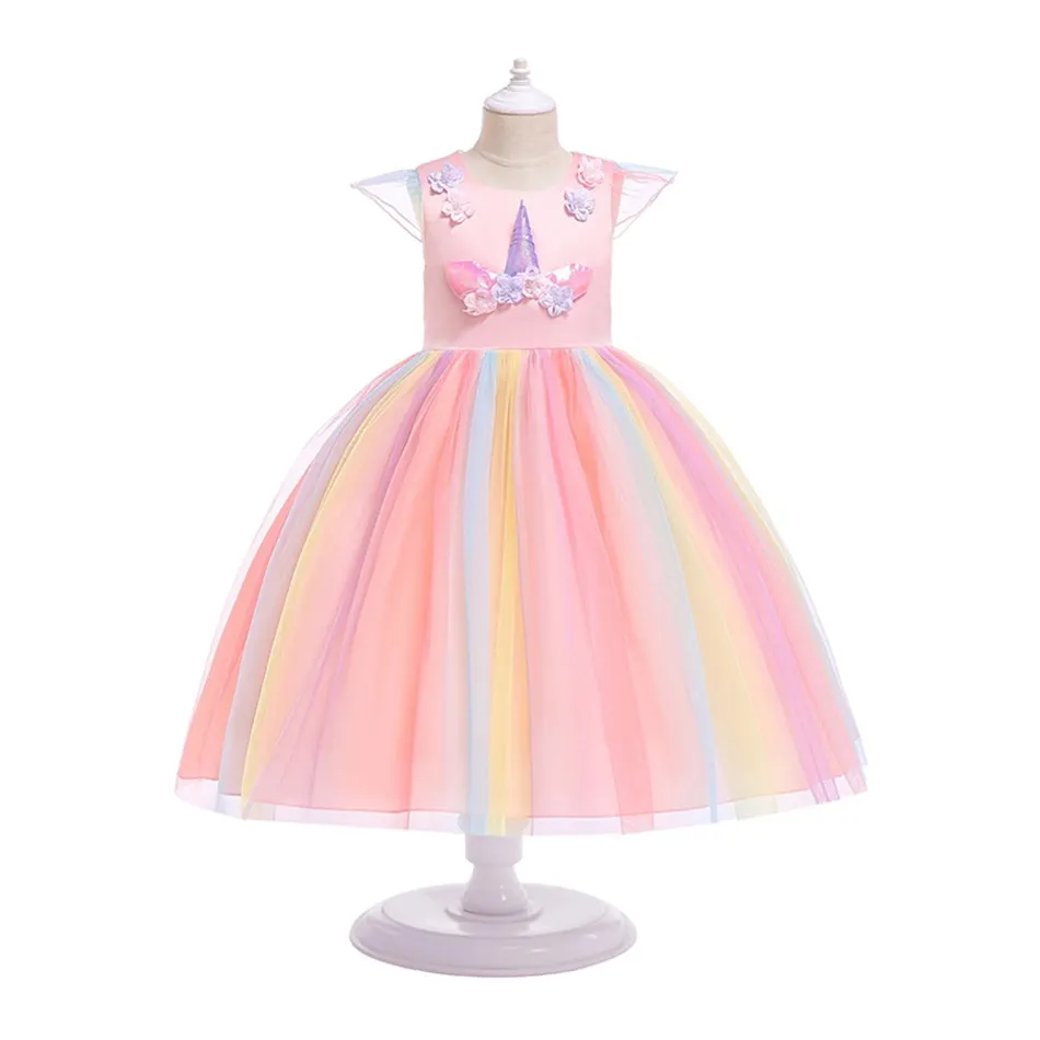 Dress F Only MUABABY нарядное платье для девочек с блестками и изображением единорога с крыльями и повязкой на голову; летний детский многослойный костюм принцессы; детское платье на день рождения - Цвет: Dress F Only