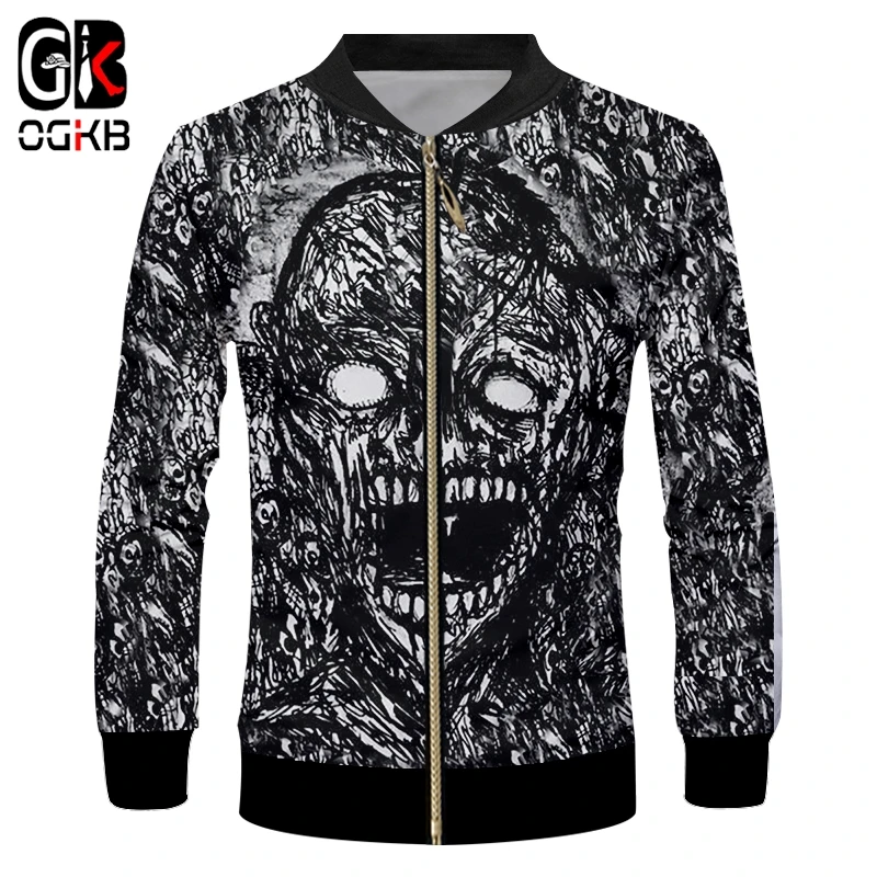 Мужская бейсбольная куртка OGKB черно белая с забавным 3D принтом длинным рукавом и