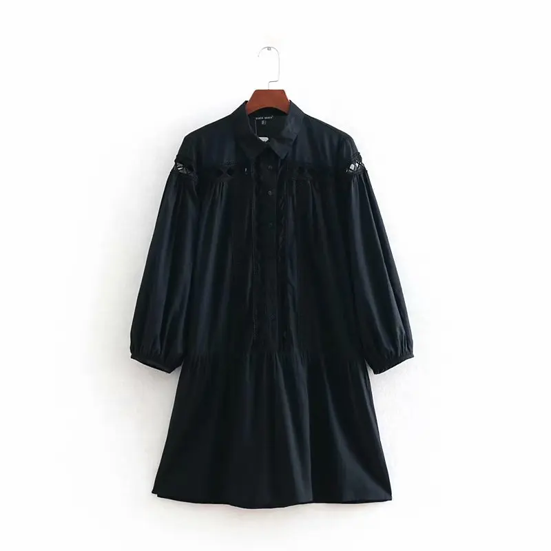 Женское винтажное кружевное лоскутное открытое Черное мини платье с рукавом три
