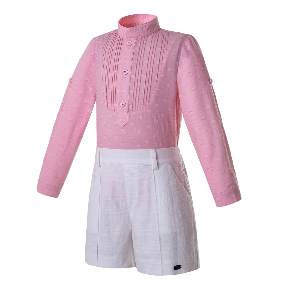 Pettigirl Pink Boys Clothing Set Stand Collar With Pleated Shirt And white Shorts Kids Clothes B-DMCS201-B506 |