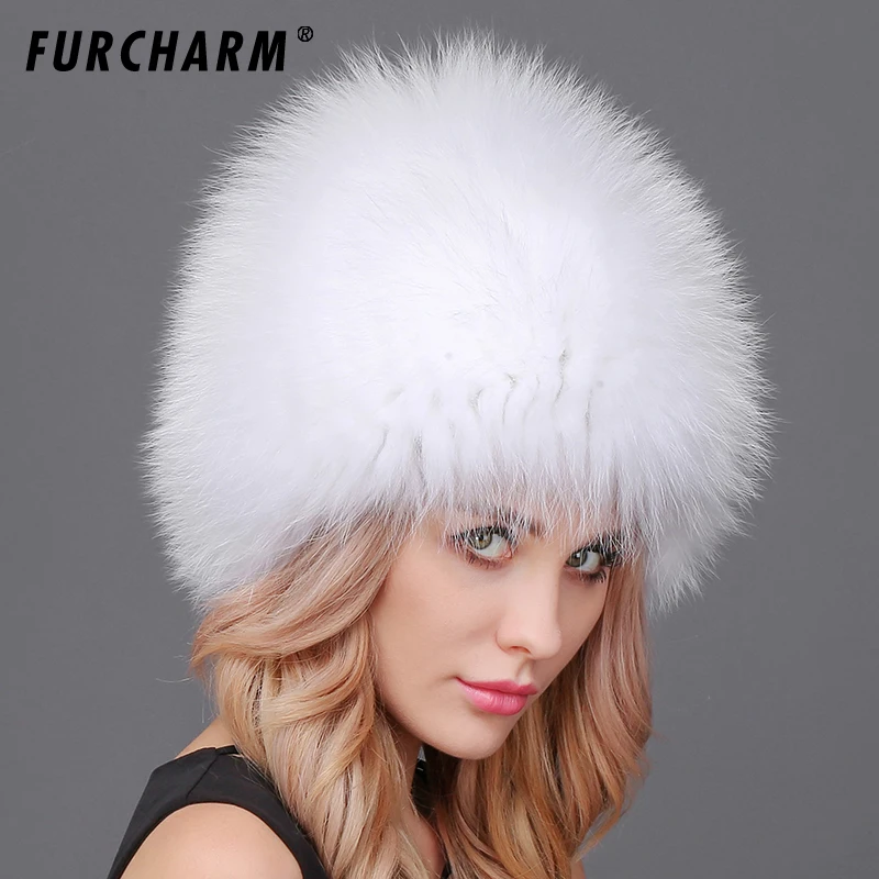 Зимняя меховая шапка для женщин пушистая вязаная из лисьего меха повседневные