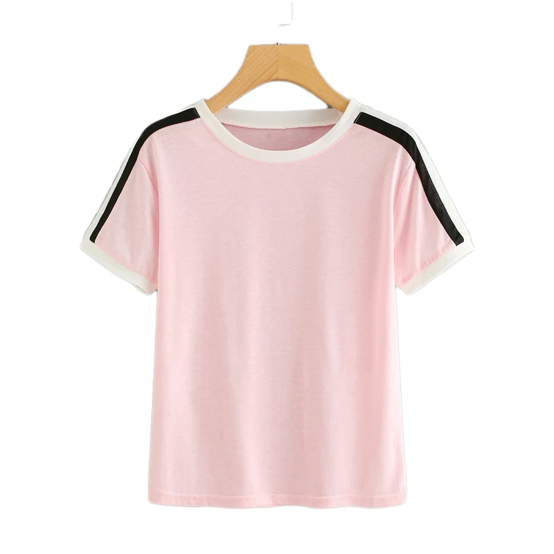 SweatyRocks, полосатая футболка с рукавом, уличная одежда, короткий рукав, модная кавайная футболка, лето, повседневные женские базовые розовые Топы