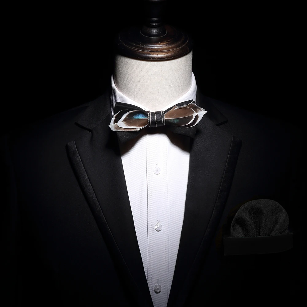 High Quality Men Bow tie Pocket Square Set Handmade Cut Feather Adjustable Formal Tie Bowtie Wedding Party cravat Fathers gift | Аксессуары