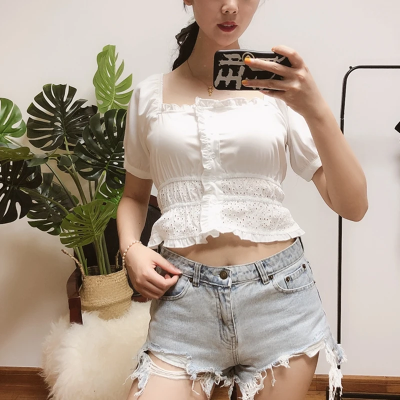 Летний топ с длинным рукавом белый женский короткий оборками и квадратным