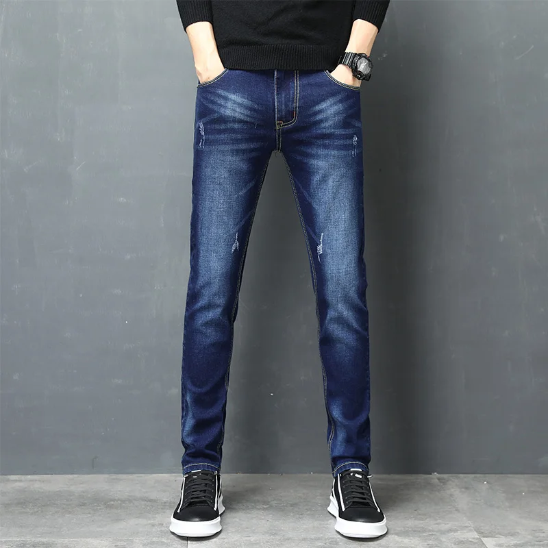 

Мужские синие джинсы скинни, зауженные джинсы, высококачественные мужские эластичные повседневные длинные джинсы, новые весенне-осенние д...