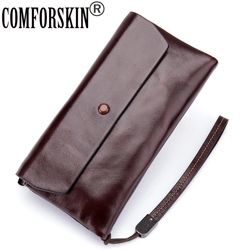 

Длинный клатч COMFORSKIN из натуральной вощеной кожи, Женский кошелек в европейском и американском стиле, Женский кошелек двойного сложения, 2018