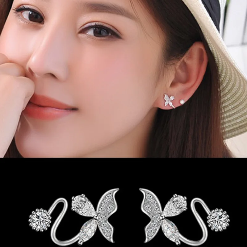 High quality Fashion Jewelry New Design Butterfly Shiny Zircon 925 Sterling Silver Stud Earrings for Women gift Promotion | Украшения и