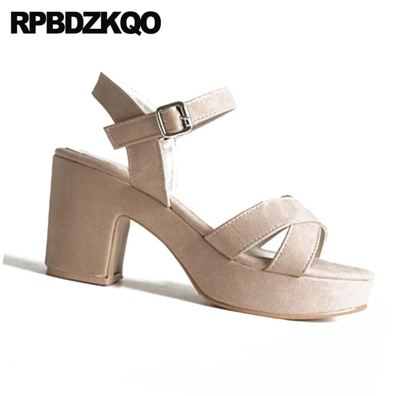 женщины Корейский замша открытый носок лето толстый квадрат на платформе Slingback