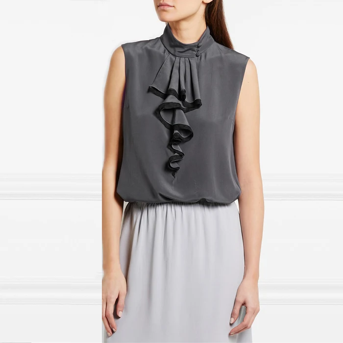 

Women Elegant Ruffles Sleeveless Faux Silk Chiffon Top, OL Women Workwear Tank Top