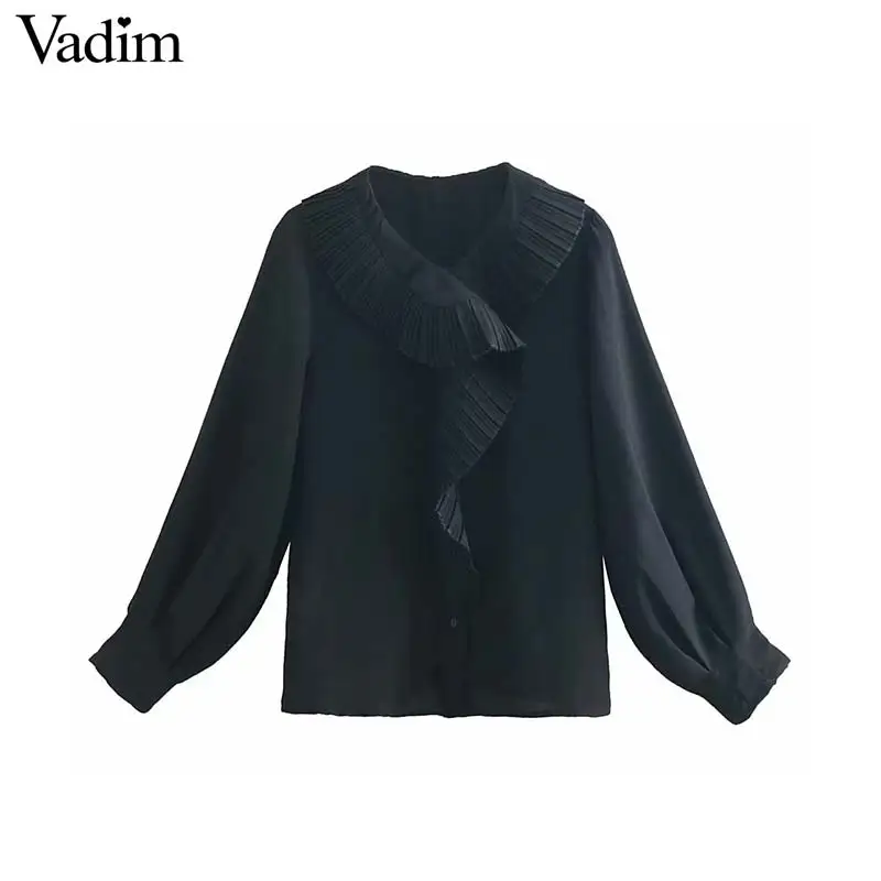 Vadim women sweet ruffles black white blouse long sleeve ruffled collar solid shirts female casual chic tops blusas LA742 |