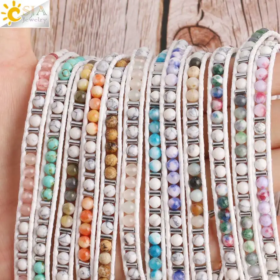 CSJA Boho Белый Бирюзовый вощеный браслет для женщин Femme богемные Агаты натуральный камень бисерный браслет 3 слоя S420