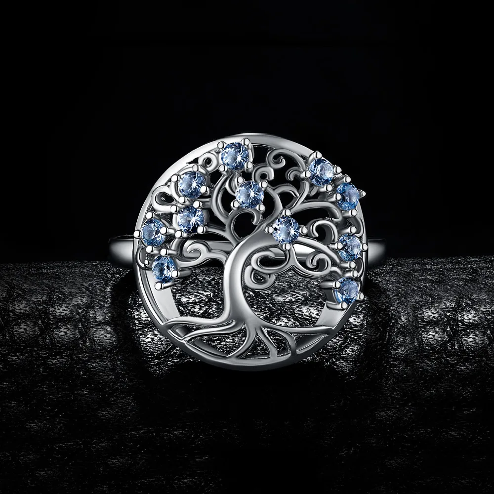 JewelryPalace Genuine Light Blue Spinel Tree of Life Adjustable Open Ring 925 Sterling Silver Round Sweet and romantic