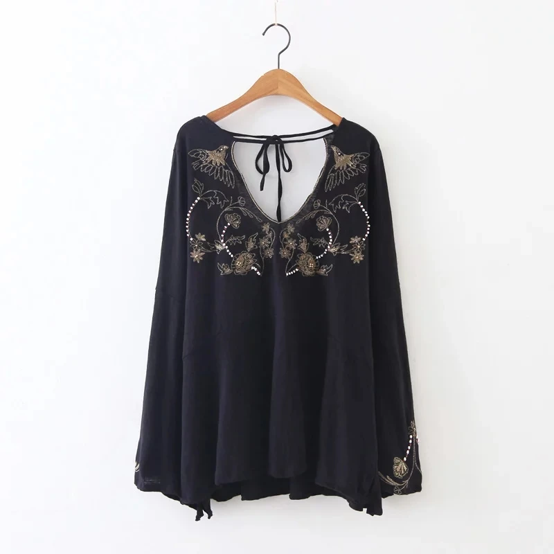 

Women Embroidery Beading V-Neck Knitting T-Shirt Casual Femme Long sleeve Tops T591