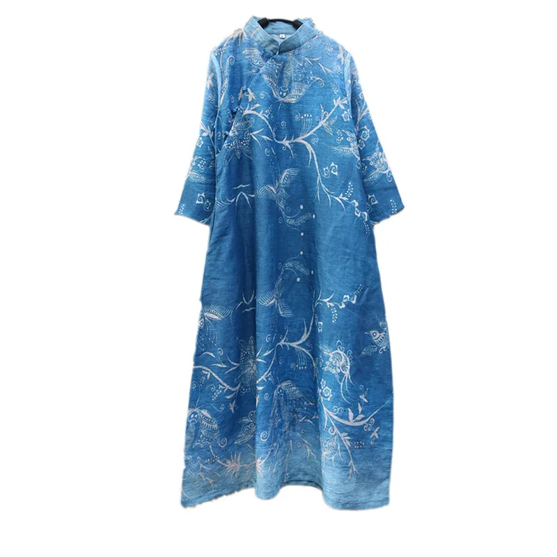 Summer High Quality Bird Print Deep Blue Pure Ramie Linen Dress Retro Stand Collar Three Quarter Sleeve Elegant Lady Robe | Женская