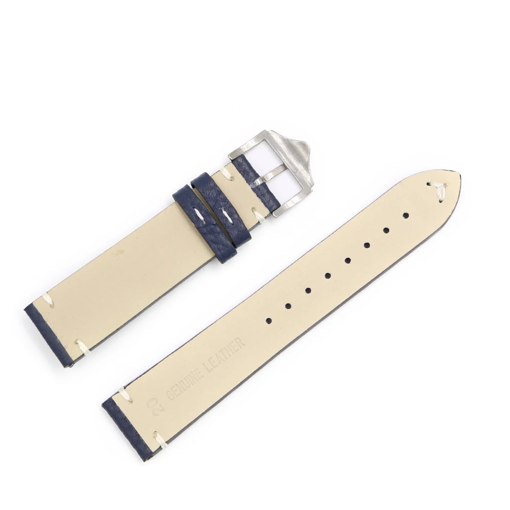 Rolamy 20 22 24mm Wholesale Genuine Cowhide Smooth Vintage Leather Black Brown Blue Red Watch Band Strap With Polish Buckle