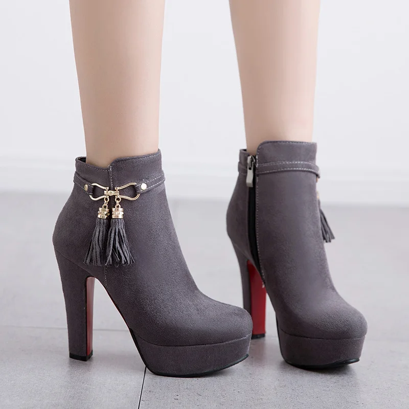 

JK High Heels Ankle Boots Women Round Toe Platform Boot Ladies Flock Tassel Shoes Female Party Metal Shoes Winter 2019 New