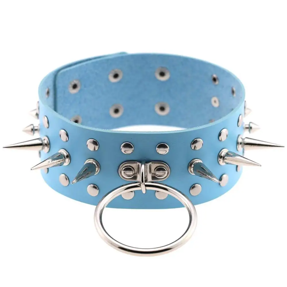 light blue Негабаритных Спайк чокер Панк Harajuku Готический Воротник себе ожерелье чокер из искусственной кожи Связывание Косплей вечерние праздничные украшения - Окраска металла: light blue