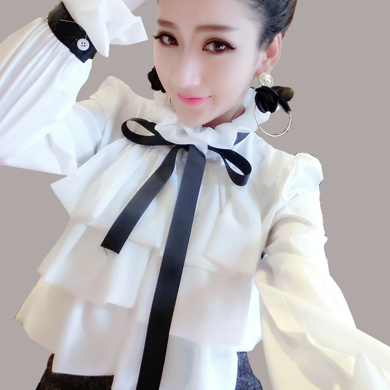 Harajuku New Spring Summer Blouse Women Long Sleeve Shirts Fashion Leisure Chiffon Shirt Bow Office Ladies Stand White Tops