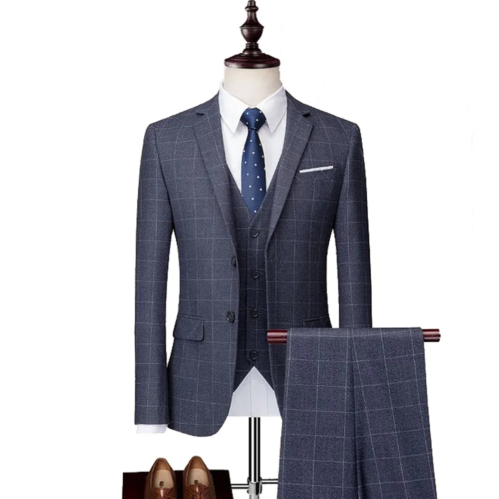 Grey Men's Plaid Suit 3 Pieces Wool tweed Tuxedos Blazer Formal Groomsmen Suits(Blazer+Vest+Pants - Цвет: Grey
