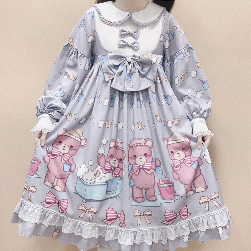 Милое Платье в стиле лолита с длинным рукавом и изображением медведя для душа