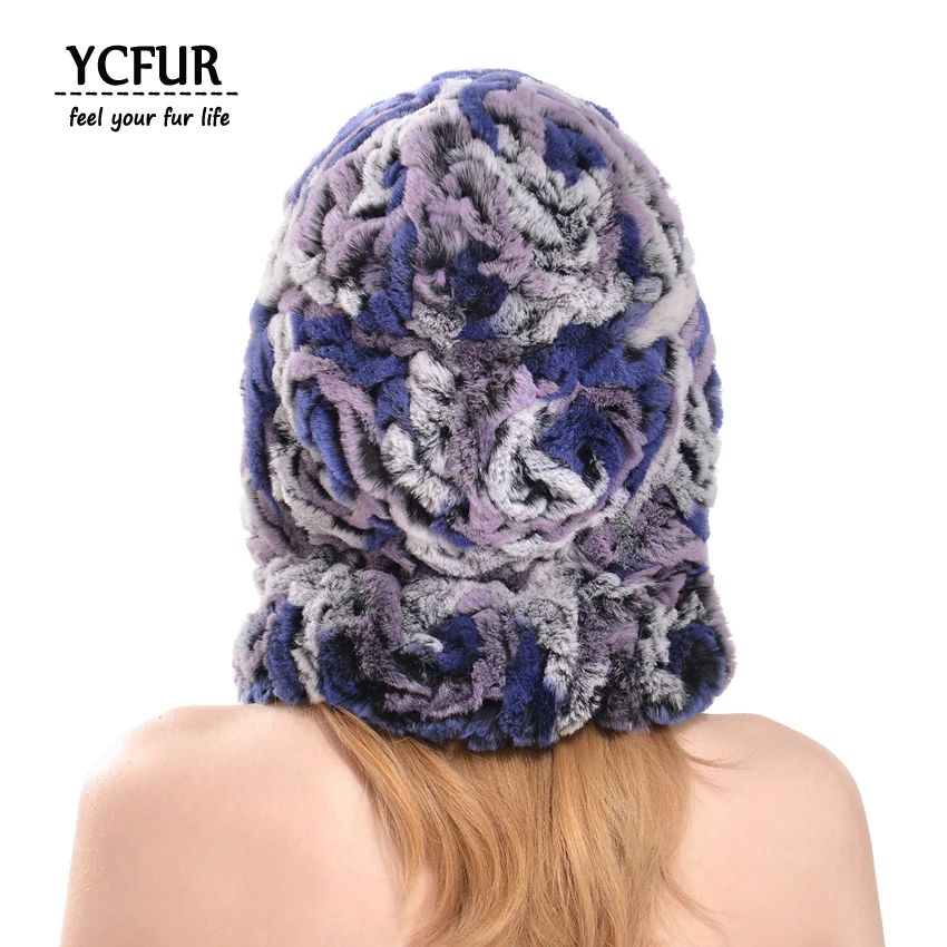 

YCFUR Women Hats Scarves Winter Handmade Knit Rex Rabbit Fur Hat Cap Hood Ladies Trendy Ears Warmer Hats Scarves Female