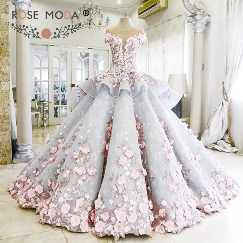 

Rose Moda Luxury Blue Lace Wedding Dress 2019 with Crystals 3D Flower Backless Bridal Dress with Long Train
