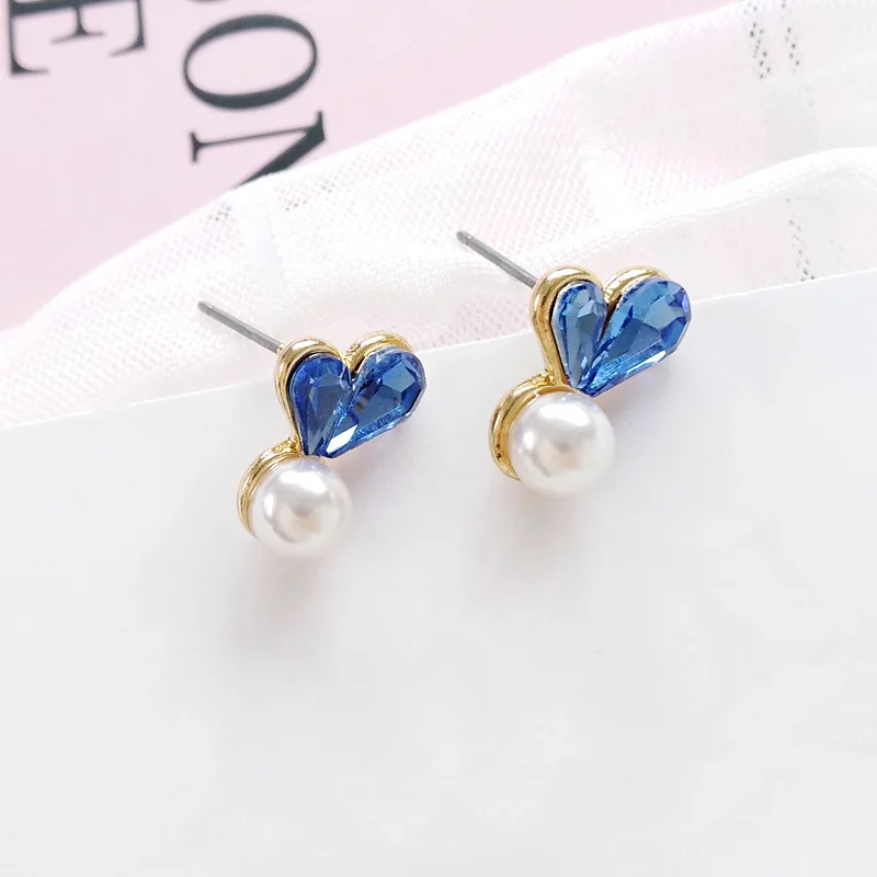 blue heart stud Подражать жемчуг Серьги Brincos красные, синие розовые кристаллы горный хрусталь любовь сердце не клип серьги пирсинг для Для женщин женские свадебные - Окраска металла: blue heart stud