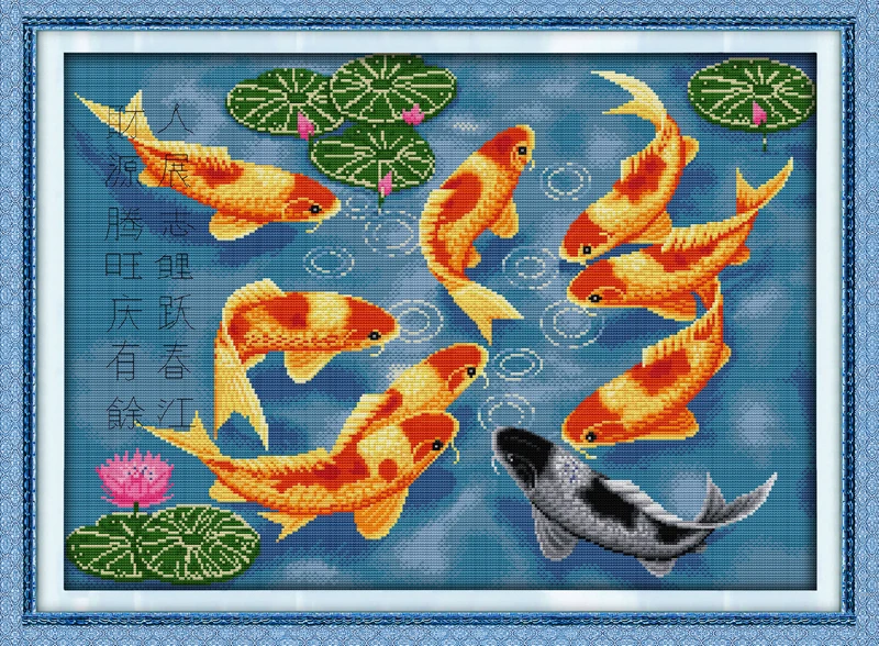 

Surplus year after year (8) fishes cross stitch kit 14ct 11ct pre stamped canvas embroidery DIY handmade needlework