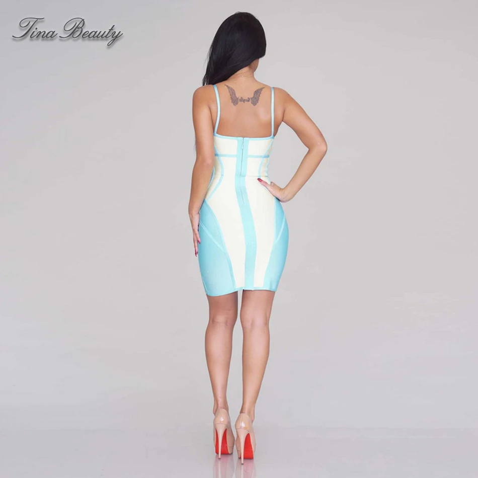

Summer Sky Blue Bandage Dress 2019 New Spaghetti Strap V Neck Patchwork Rayon Mini Dress Sundress For Women Party Prom