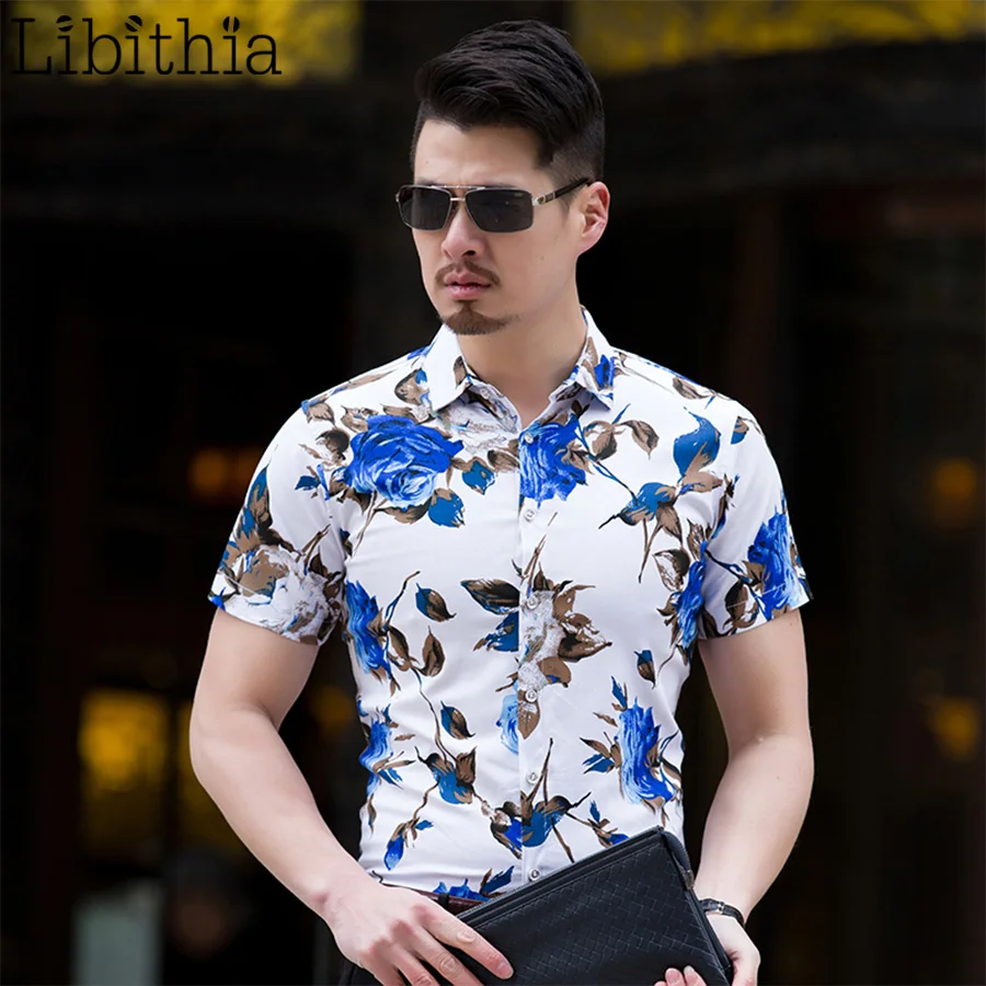

Men Floral Shirts Plus Size M-7XL Short Sleeve Slim Fit Soft Fabric New Summer 2017 Fashion Black Blue Red Men Clothes G031
