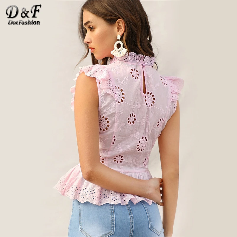 Dotfashion/розовые женские летние топы с рюшами, вышивкой и баской; коллекция года; летняя облегающая блузка без рукавов в Корейском стиле