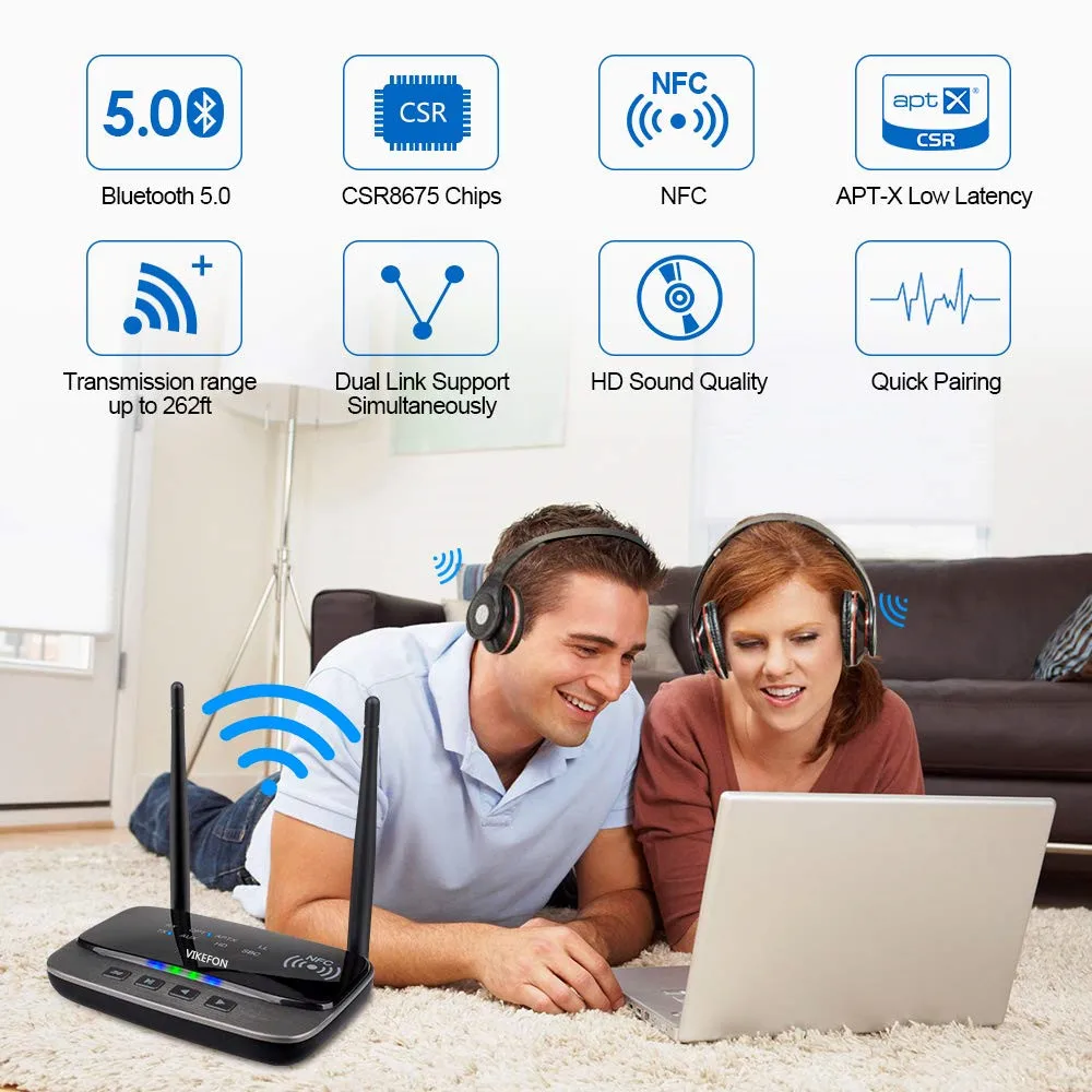 VIKEFON 262ft большой диапазон 5,0 Bluetooth аудио передатчик приемник NFC aptX HD apt-X Низкая задержка беспроводной адаптер для ТВ ПК автомобиля