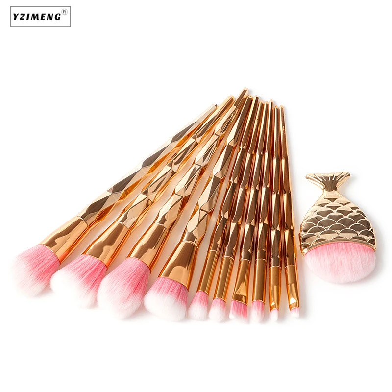 

11Pcs Diamond Rose Gold Makeup Brush Set Mermaid Fishtail Shaped Foundation Powder Cosmetics Brushes Rainbow Eyeshadow Brush Kit