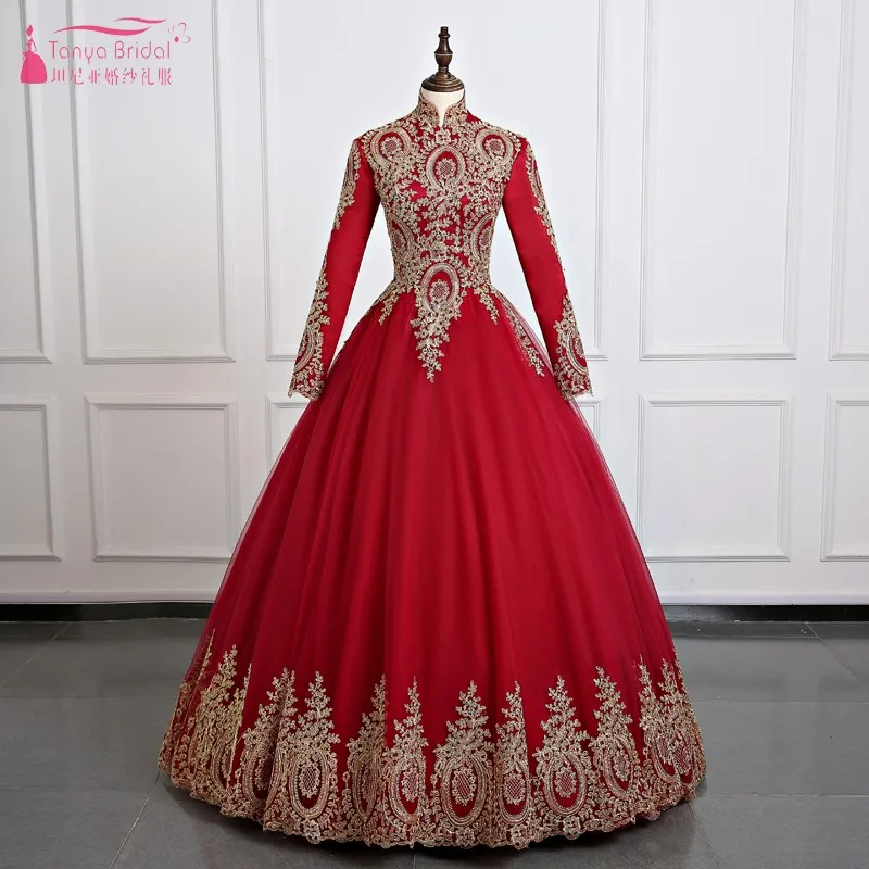 

Elegant Ball Gown Muslim Wedding Dress with Long Sleeves Appliques Bridal Gowns Islamic Saudi Arabia Bridal Wedding Dress JQ527