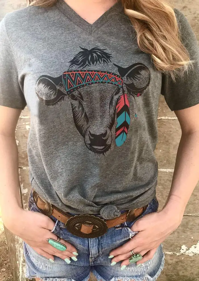Лето Новые Женщины Футболка Племенной Корова Печати Головы Мода V-образным