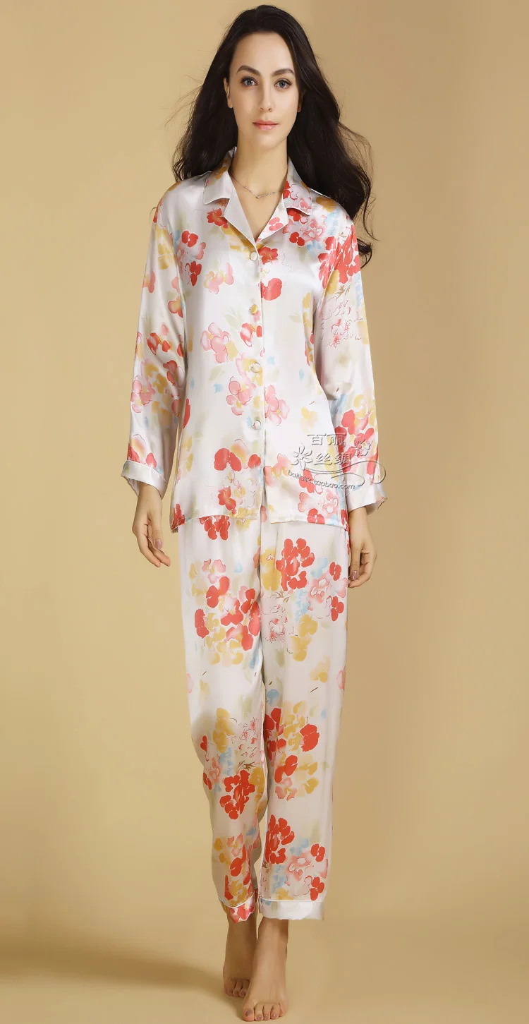 

100 silk silkworm silk house female long sleeve silk pajamas suit pink flowers