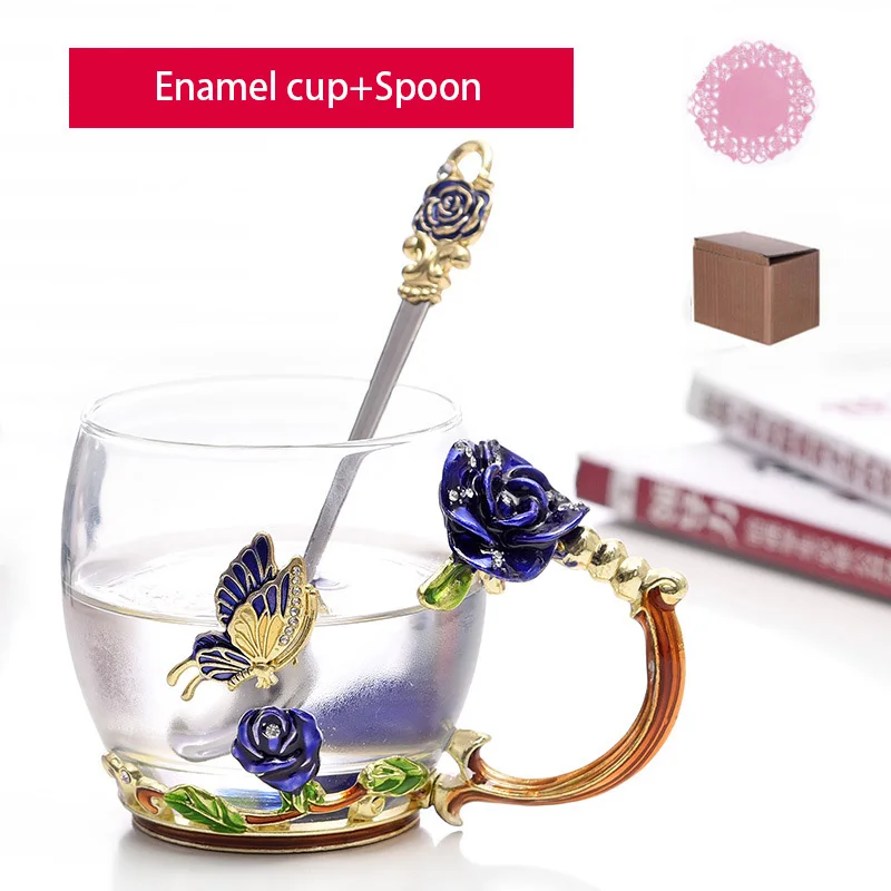 Blue cup X Spoon1 Новинка, эмалированная кофейная чашка, кружка, цветочный чай, чашки для горячих и холодных напитков, стеклянная чайная чашка, Ароматизированная чайная Питьевая бутылка, стеклянные подарки - Цвет: Blue cup X Spoon1