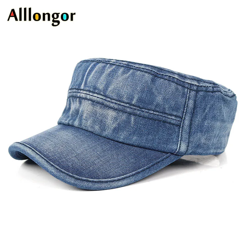 

Denim Flat Cap Men Summer 2022 Washed Cotton Baseball Cap Army Dad Hat Snapback militar Bone Male Retro Casual Solid Flat Top