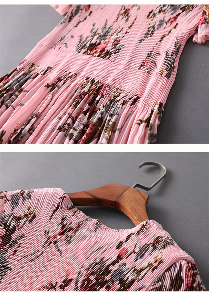 Элегантное летнее дизайнерское платье Женская мода vestidos de verano короткий рукав цветочный принт размера плюс розовые плиссированные платья