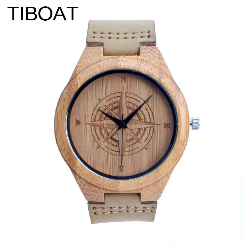 TIBOAT Настоящее кожаный ремешок Для мужчин часы лучший бренд бамбук деревянный