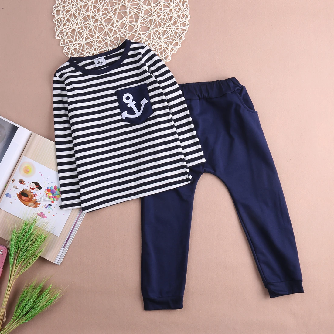 2 предмета полосатая одежда с длинными рукавами футболка для маленьких мальчиков