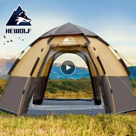 Hewolf Outdoor 3-4 Person Automatic Party Family Hiking Tent Huge Self Driving Tent Beach Tent Thickened Rainproof Camping Tent